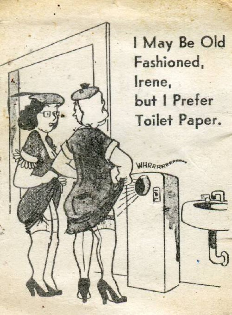 Cartoon of ladies using hand dryers to dry their lady-bits