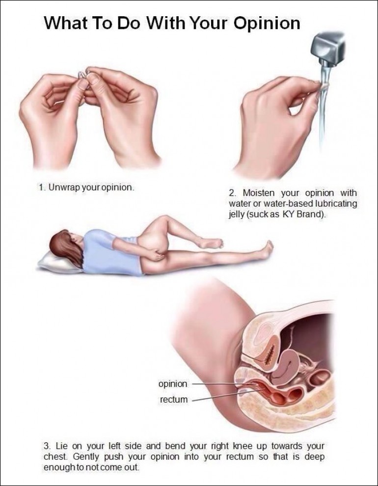 Medical style poster describing how to 'shove your opinion up your ass'