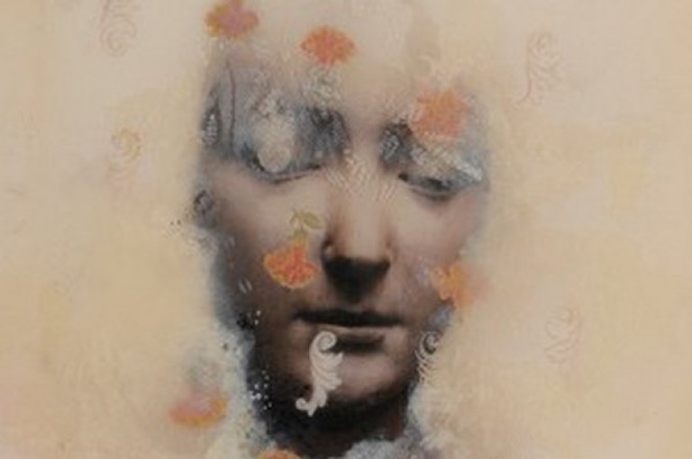 Painting with a pale background and a woman's face emerging through orange leaves