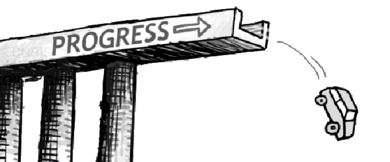 Car driving off a bridge titled 'progress'